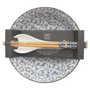 SH Home Blue Cats Exercising Ceramic Ramen Bowl With Chopsticks And Spoons